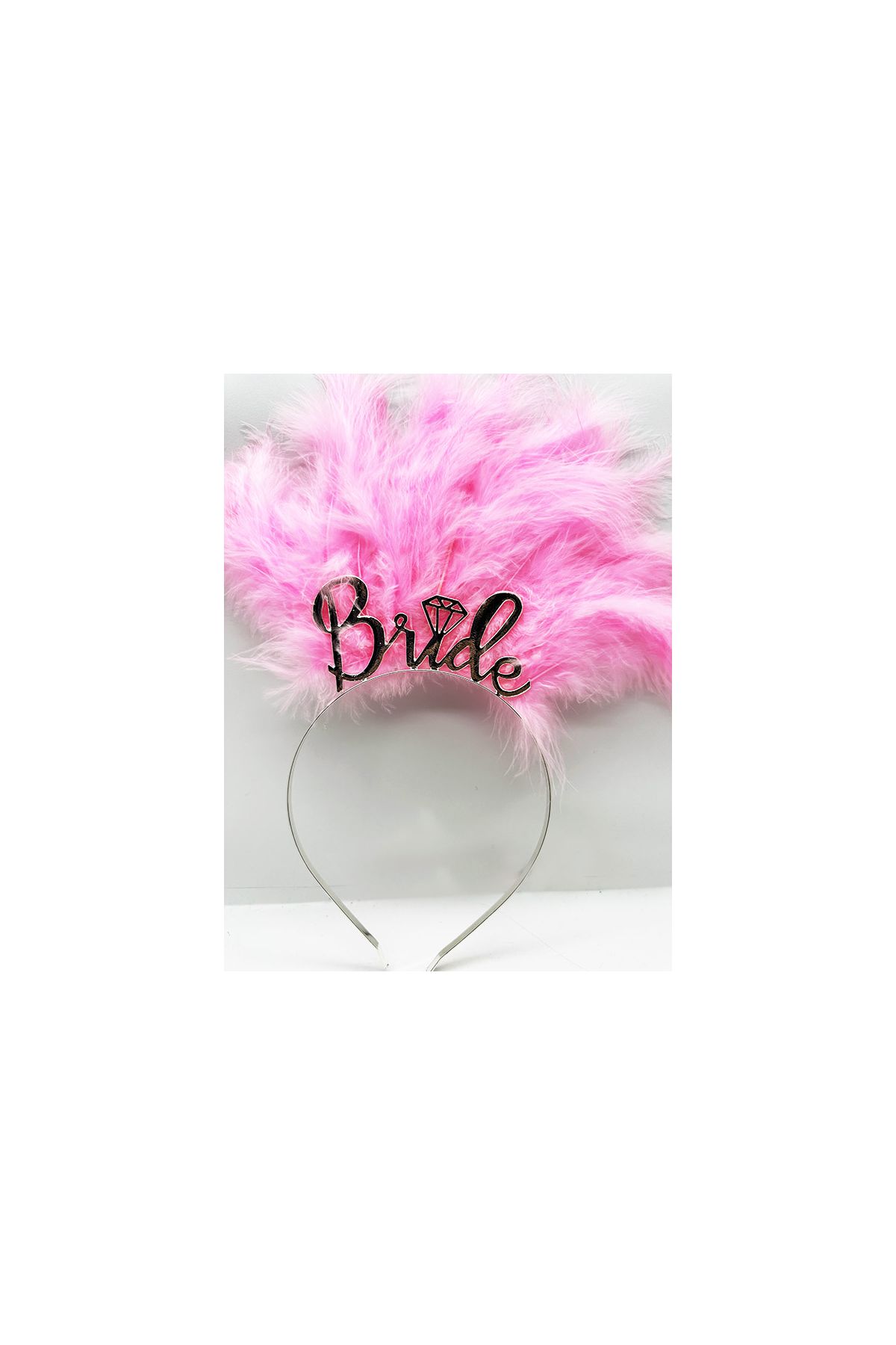 Pembe Tüylü İthal Gümüş Renk Bride Gelin Tacı 25x20 cm