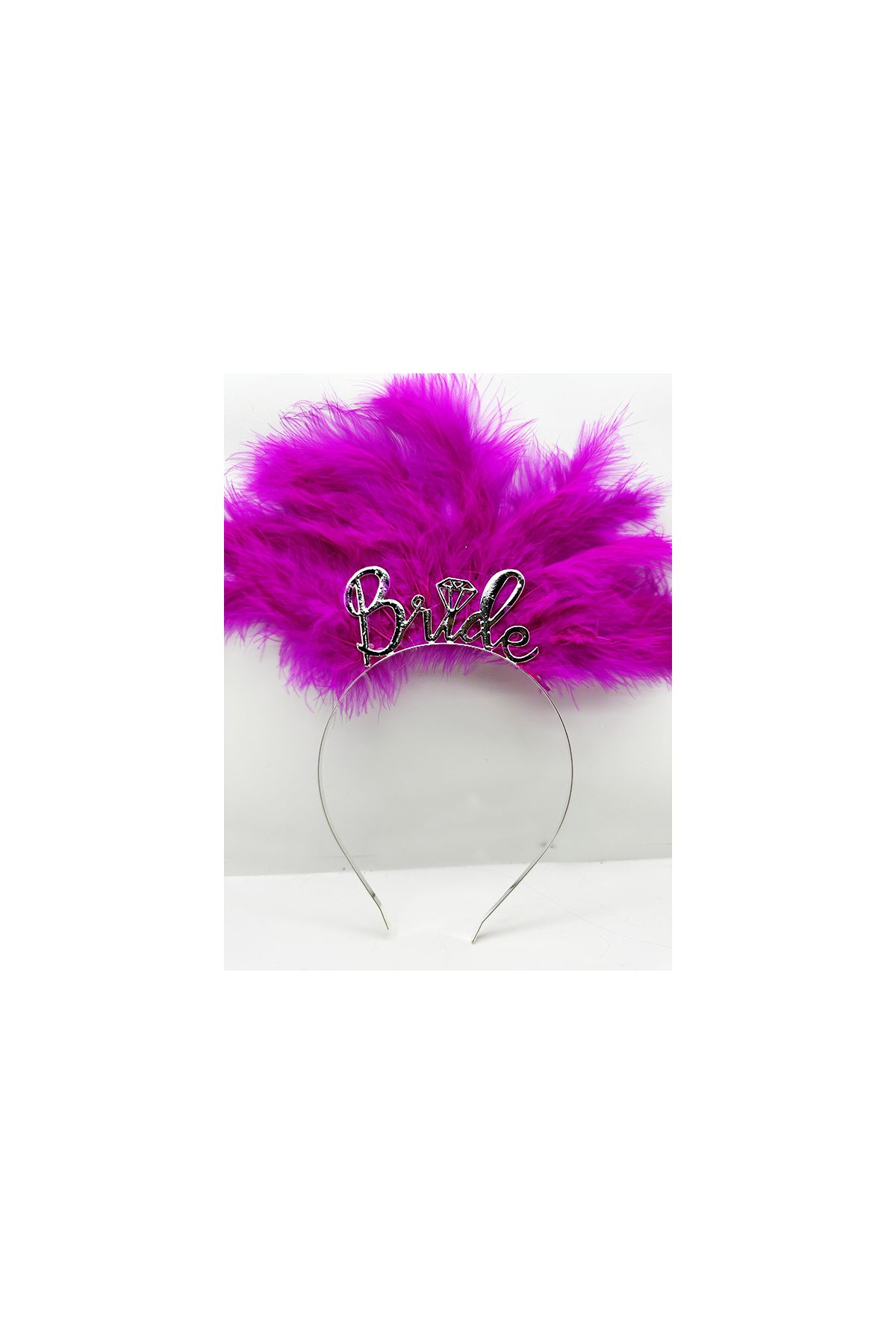 Fuşya Renk Tüylü İthal Gümüş Renk Bride Gelin Tacı 25x20 cm