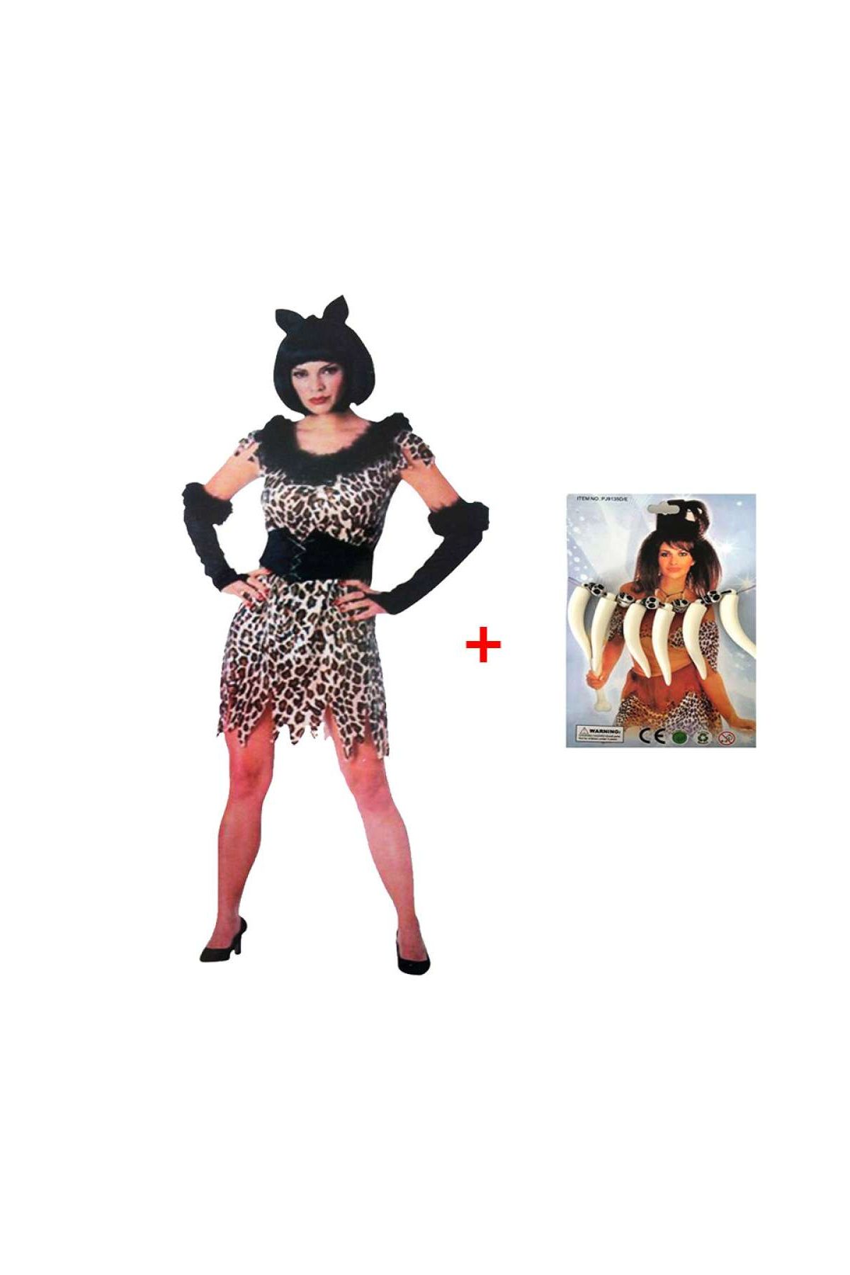 Yetişkin Boy Bayan Taş Devri Kostümü ve Taş Devri Kolye Seti