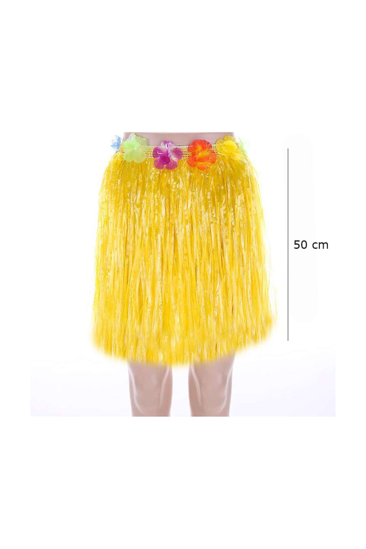 Yetişkin ve Çocuk Uyumlu Sarı Renk Püsküllü Hawaii Luau Hula Etek 50 cm