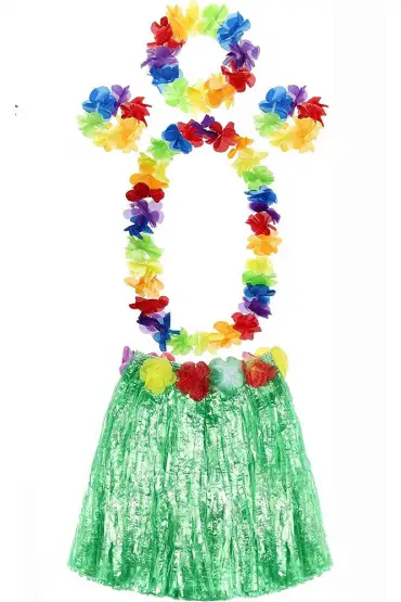 Yetişkin ve Çocuk Uyumlu Luau Aloha Hawaii Yeşil Etek ve Renkli Kolye Taç 2 Adet Bileklik Seti
