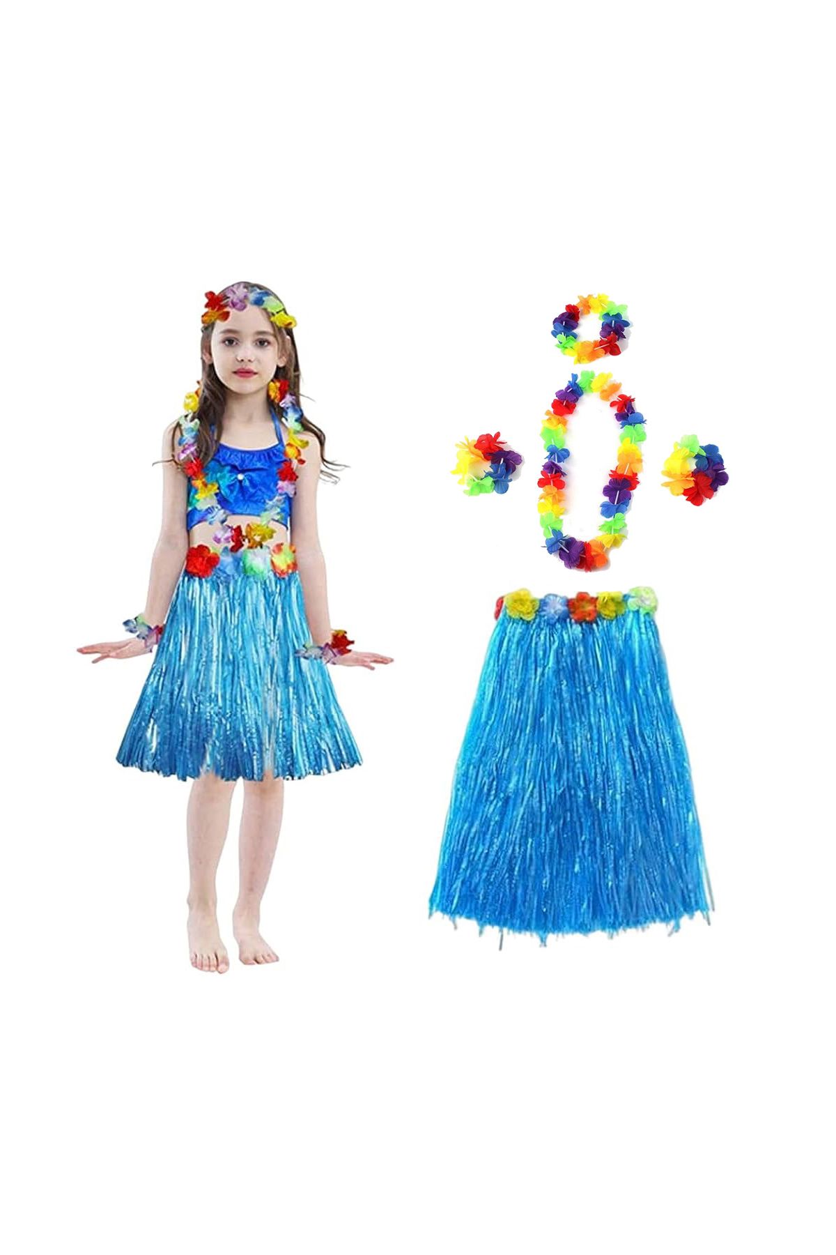 Yetişkin ve Çocuk Uyumlu Hawaii Luau Aloha Mavi Püsküllü Etek Kolye Taç ve 2 Adet Bileklik Seti