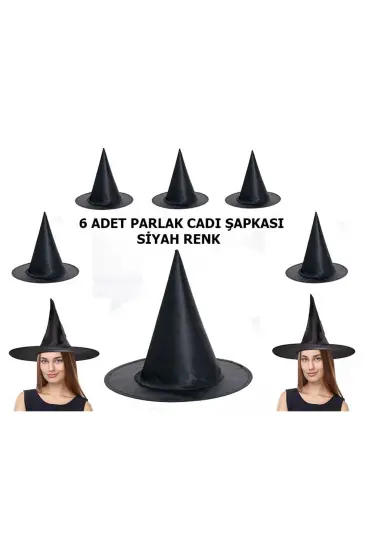 Halloween Siyah Renk Parlak Dralon Cadı Şapkası Yetişkin ve Çocuk Uyumlu 6 Adet