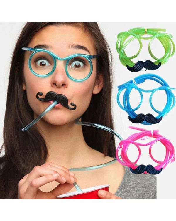 Pipetli Parti Gözlüğü - Çocuk ve Yetişkin Bıyıklı Pipet Gözlük Pembe Renk 18x14 cm