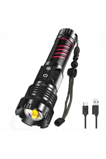 BORUİT BR-6800 ZOOMLU 30W  EL FENERİ COB LED 8 FONKSİYONLU C-TİP ŞARJ EDİLEBİLİR POWERBANK TAKTİK EL FENERİ