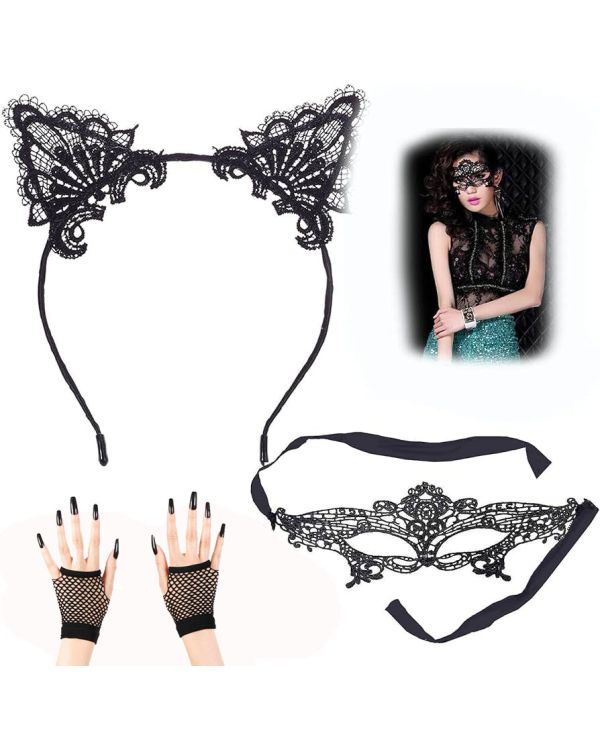 Dantel Parti Maskesi Dantel Kulak Taç Kısa File Örgü Eldiven 3 lü Set Siyah Renk