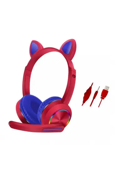  Akz020 Kafa Üstü Işıklı Kedi Kulaklık - Ürün Rengi : Kırmızı