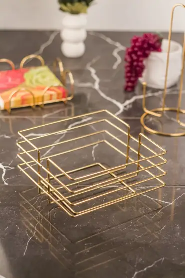 Ekmeklik Ekmek Sepeti Çok Amaçlı Metal Kutu Lüx Gold Paslanmaz Sepet Siyah Kumaş 