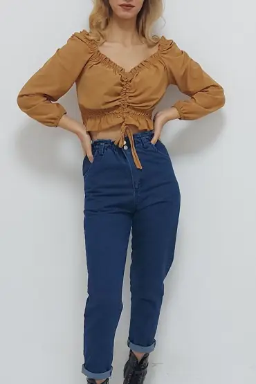  199 V Yaka Gipeli Crop Bluz Sütlükahve
