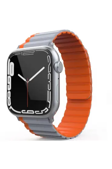  Apple Watch 44mm Movenchy Mo-wb1 Çift Renk Mıknatıslı Silikon Kordon - Ürün Rengi : Gri-Turuncu