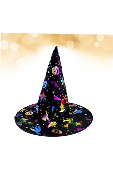 Cadı Şapkası Siyah Üzeri Rengarenk Balkabağı Cadı Figür Baskılı 38x34 cm  