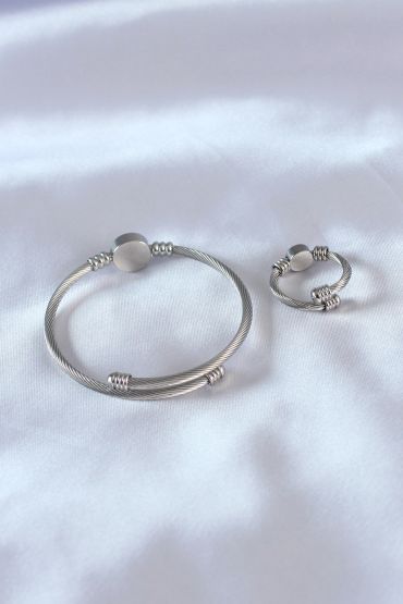   Çelik Gümüş Renk Daire Figür Erkek Bileklik Yüzük Seti