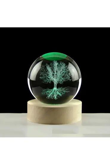 Dekoratif Ağaç Tasarımlı Ahşap Altlıklı Işıklı Cam Küre 6 Cm MZ4-2331