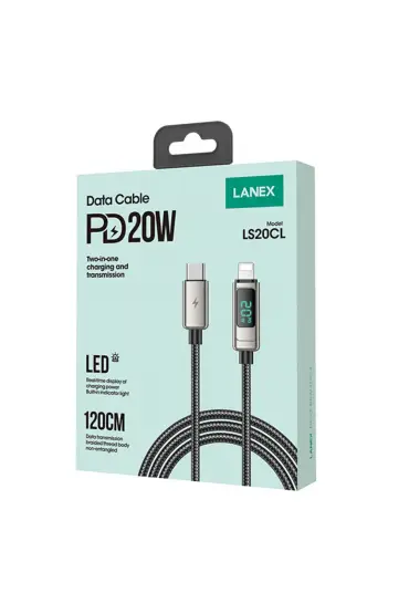  942 Lanex Ls20cl 1.2m 20w Dijital Göstergeli Hasırlı Type-c To Lightning Pd Hızlı Şarj Kablosu - Ürün Rengi : Gümüş
