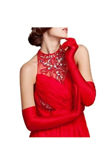  Kırmızı Saten Gece Eldiveni