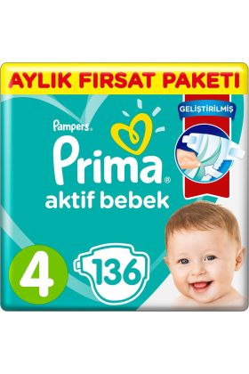  193  Bebek Bezi Aktif Bebek 4 Beden Aylık Fırsat Paketi 136 Adet