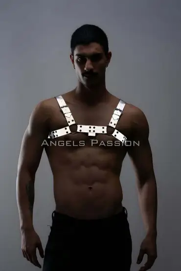  41 Karanlıkta ParlayanReflektörlü Erkek Göğüs Harness, Erkek Partywear - Ürün Rengi:Beyaz Reflektör