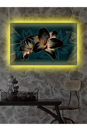  104 Led Işıklı 3d Gold Mavi Çiçek Kanvas Tablo  (50 x 35) cm
