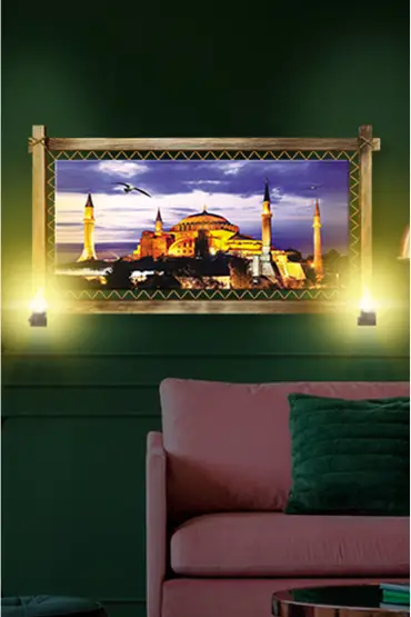  104  RUSTİK IŞIKLI Camii Kanvas Rustik Tablo K  (96 x 66) cm