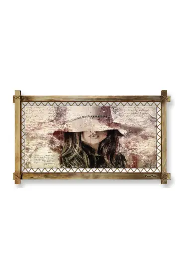  104 Şapkalı Kadın LED IŞIKLI RUSTİK kanvas tablo O  (96 x 56) cm