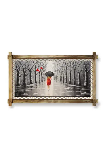 104 Şemsiyeli Kadın LED IŞIKLI RUSTİK kanvas tablo B  (96 x 66) cm