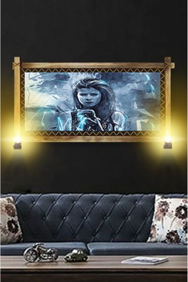  104  RUSTİK IŞIKLI Mavi Kız Kanvas Rustik Tablo K  (96 x 66) cm