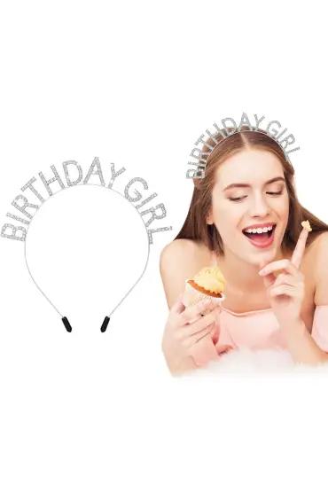  193 Kristal Taşlı Gümüş Birthday Girl Yazılı Doğum Günü Parti Tacı 19x11 cm