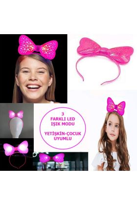  193 Led Işıklı Pilli 3 Farklı Modda Yanan Yıldızlı Fiyonk Parti Tacı Pembe Renk 19x15 cm