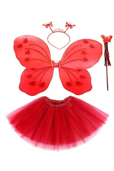  193 Kırmızı Kelebek Kostümü - Kırmızı Kelebek Kostüm Aksesuar Seti 4 Parça