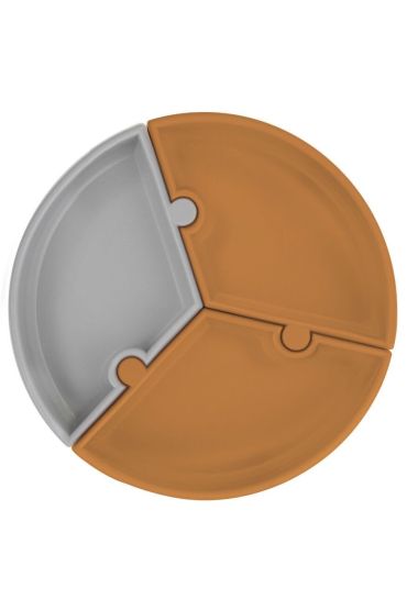  193 OiOi Puzzle Vakum Tabanlı Silikon Tabak Woody Brown / Powder Grey