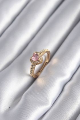  943  Pirinç Gold Renk Pembe Zirkon Taş Kalp Charm Model Kadın Yüzük