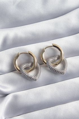  943  Pirinç Gold Renk Halka Gümüş Zirkon Taşlı Kalp Model VİP Seri Kadın Küpe