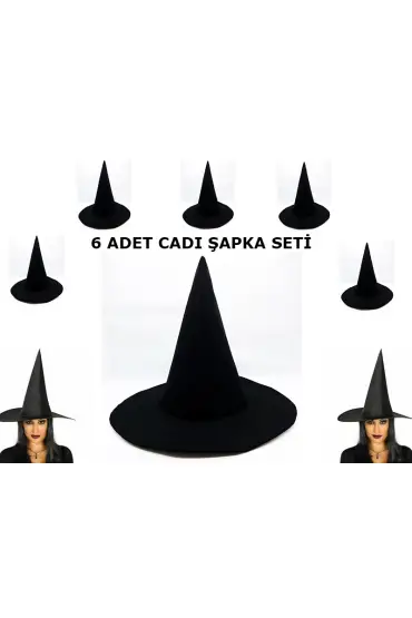 Siyah Cadı Şapkası Keçe Yetişkin Boy 6 Adet ( )
