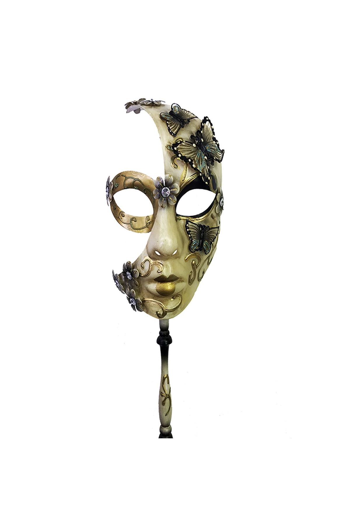 Kelebekli Masquerade Sopalı Venedik Maskesi Siyah Renk 10x45 cm