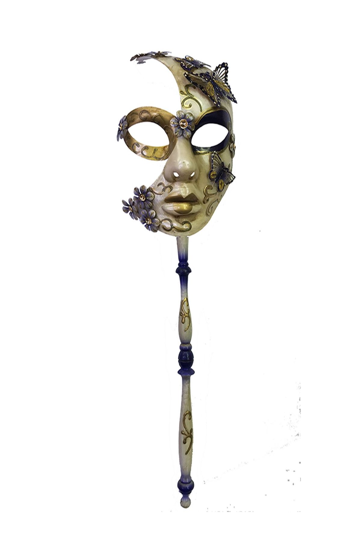 Kelebekli Masquerade Sopalı Venedik Maskesi Siyah Renk 10x45 cm