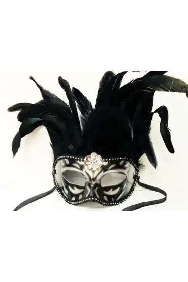 Siyah Renk Ekstra Bol Kuş Tüylü Pembe Dantelli Venedik Maskesi 30x19 cm