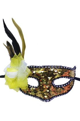 Altın Renk Yandan Tüylü Pullu Yılbaşı Parti Maskesi