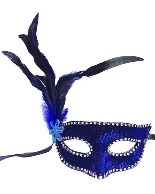 Mavi Renk Kumaş Kaplama Yandan Tüylü Yılbaşı Parti Maskesi