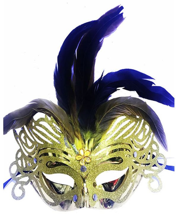 Metalize Altın Renk Tüylü Lüks Venedik Parti Balo Maskesi