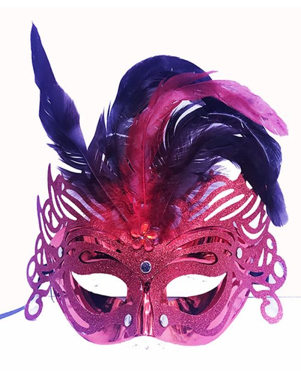 Metalize Kırmızı Renk Tüylü Lüks Venedik Parti Balo Maskesi