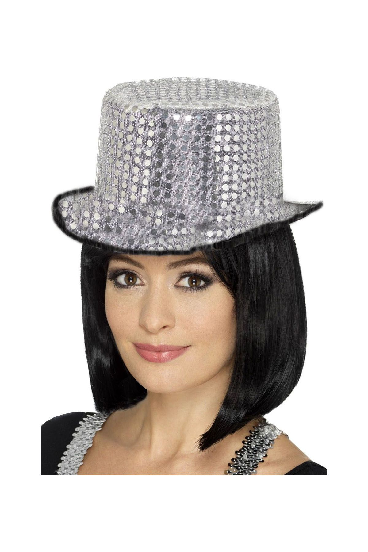 Parlak Pul İşlemeli Siyah Gümüş Renk Yetişkin Fötr Parti Şapkası