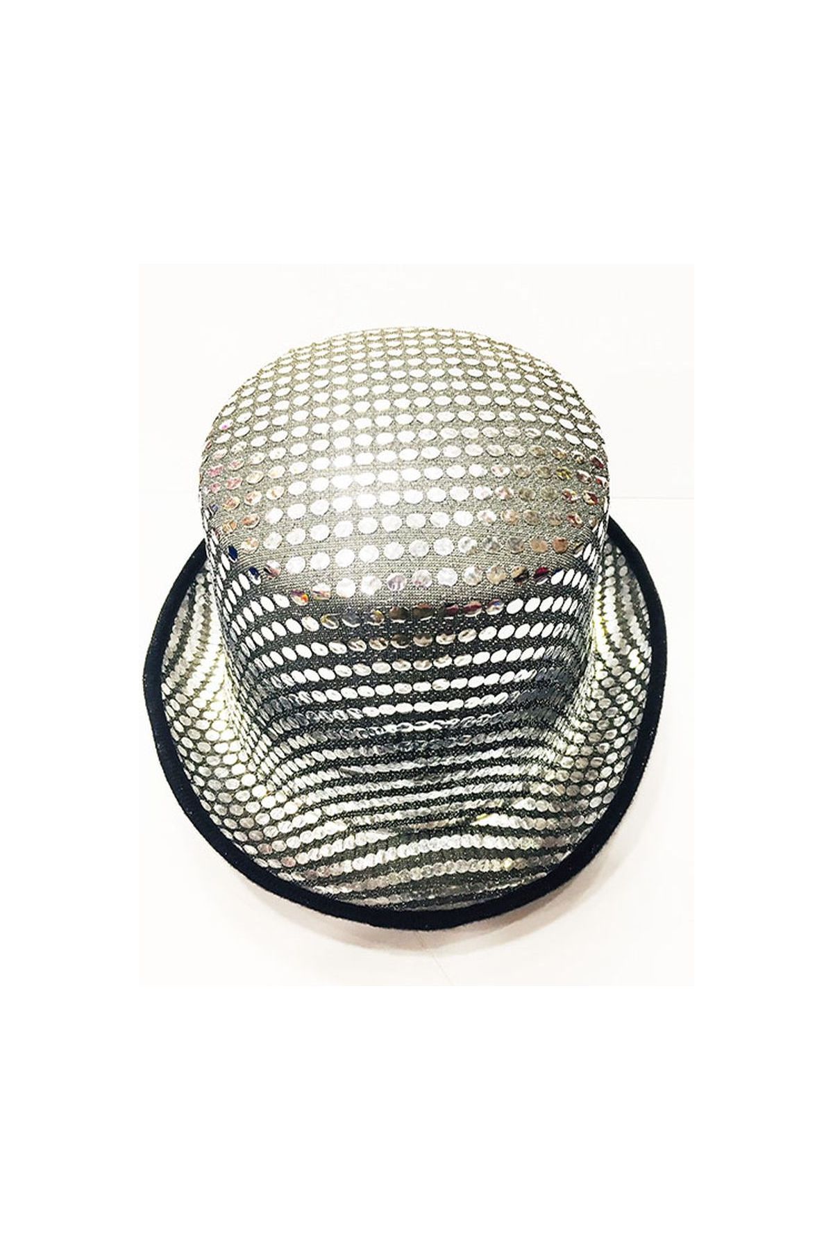 Parlak Pul İşlemeli Siyah Gümüş Renk Yetişkin Fötr Parti Şapkası