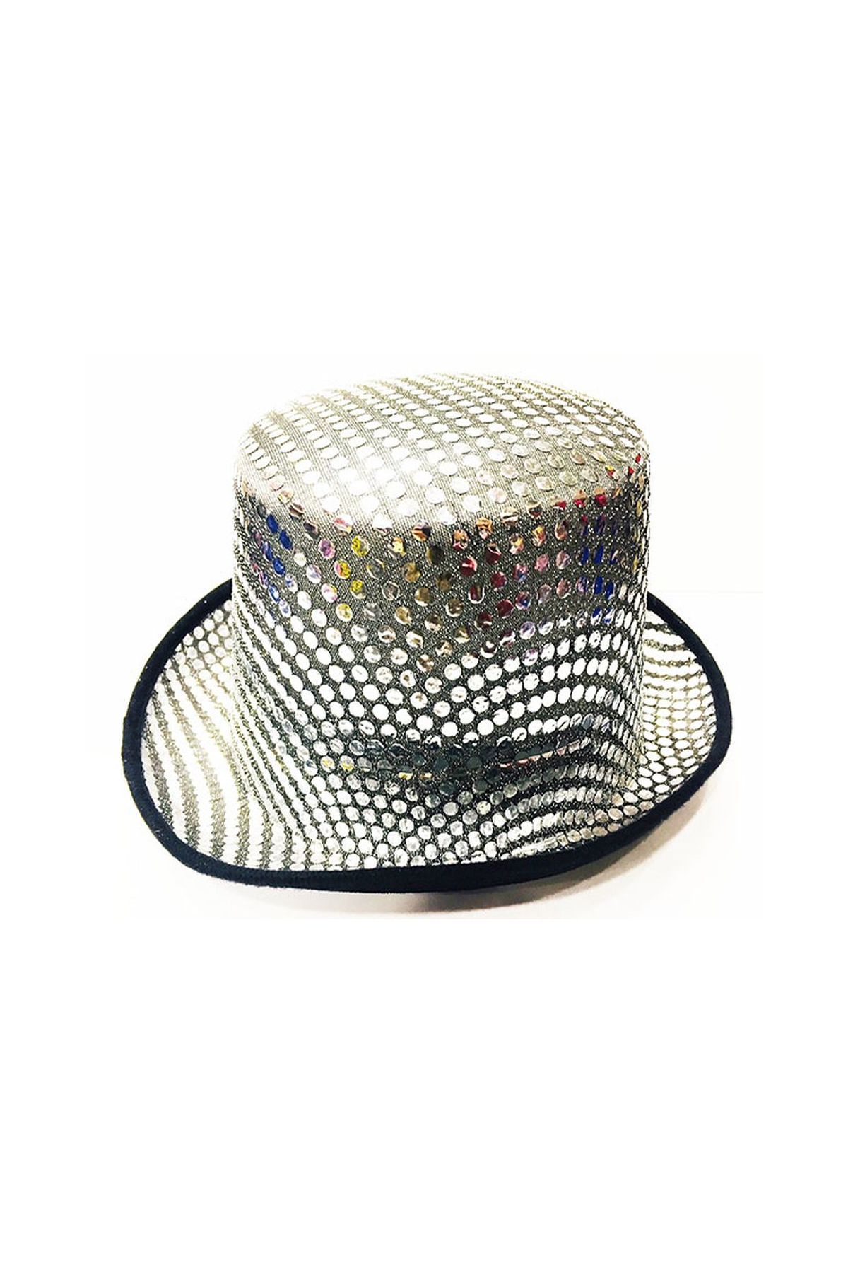 Parlak Pul İşlemeli Siyah Gümüş Renk Yetişkin Fötr Parti Şapkası