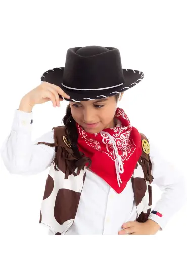 Beyaz Bağcıklı Siyah Renk Çocuk Kovboy Şapkası 1 Adet