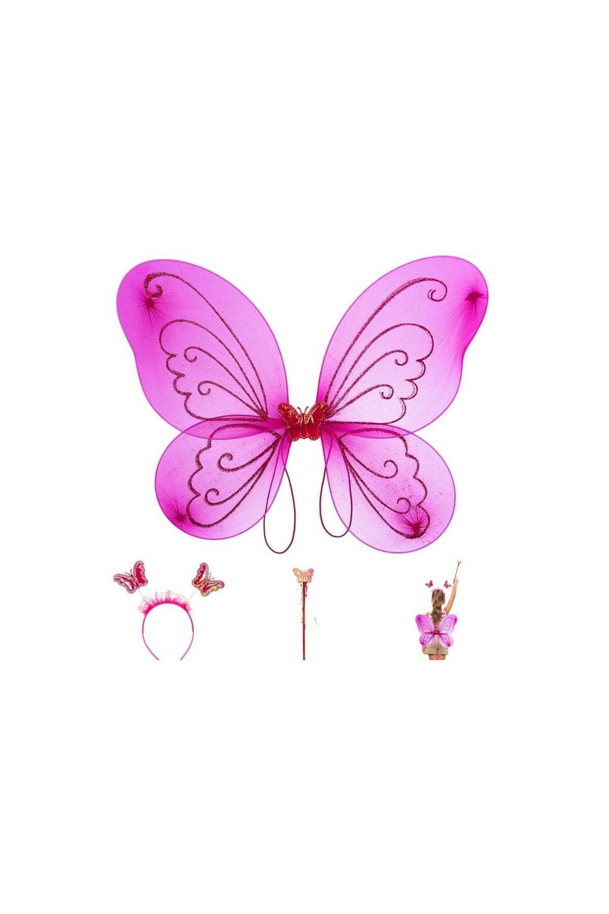 Çocuklar İçin Kelebek Kanadı Tacı ve Asası Fuşya Renk 50 cm
