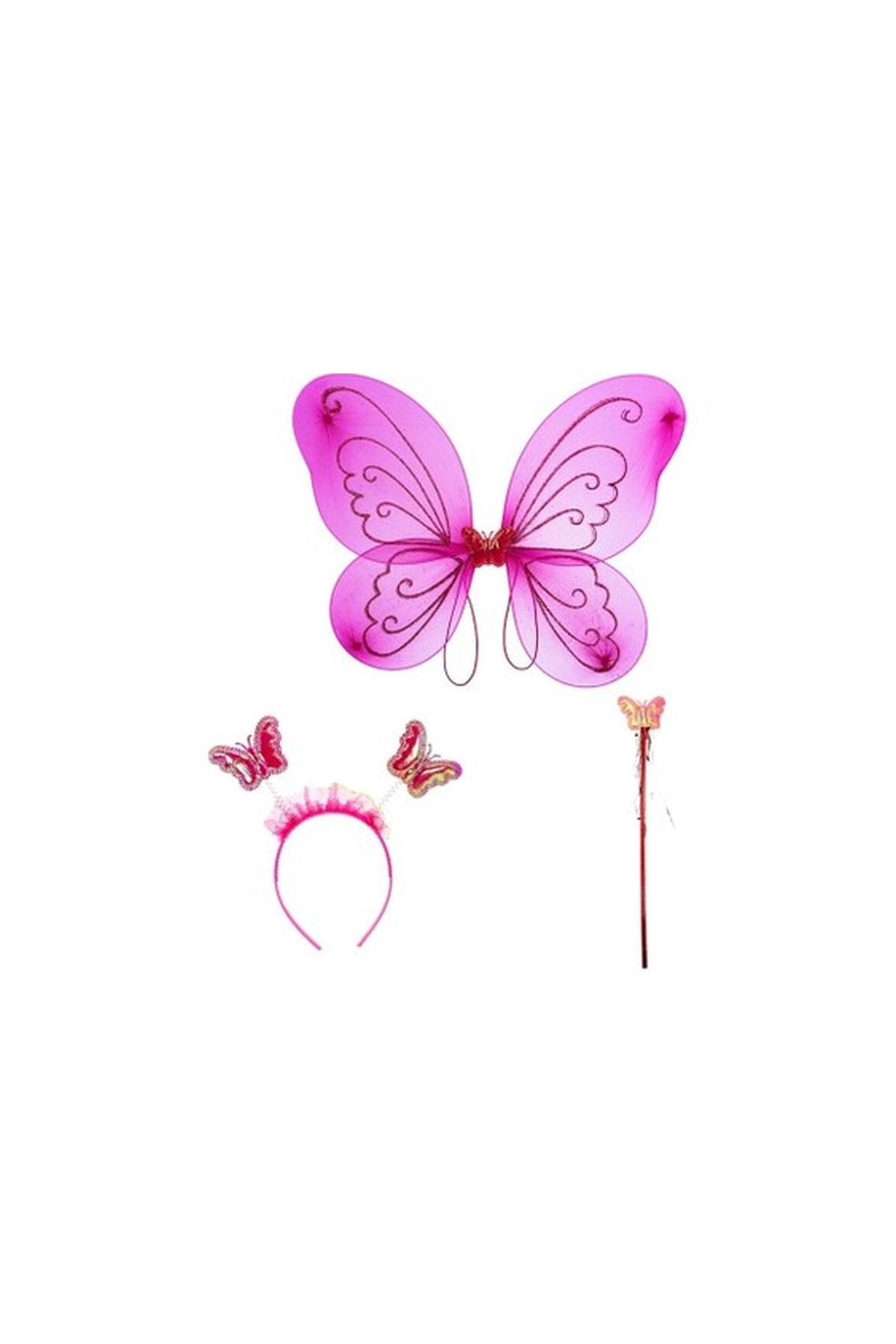 Çocuklar İçin Kelebek Kanadı Tacı ve Asası Fuşya Renk 50 cm