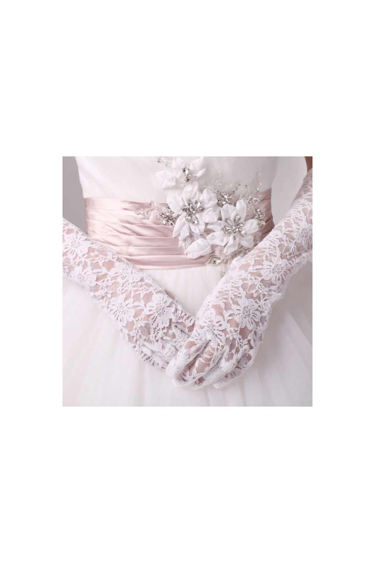 Beyaz Renk Uzun Boy Dantelli Eldiven