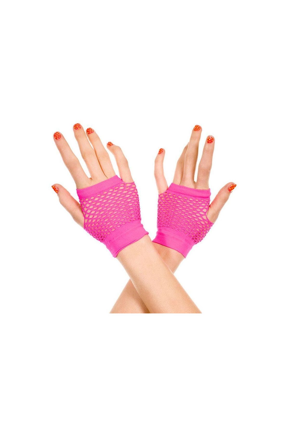 Fuşya Renk Kısa Boy Fileli Örgü Eldiven