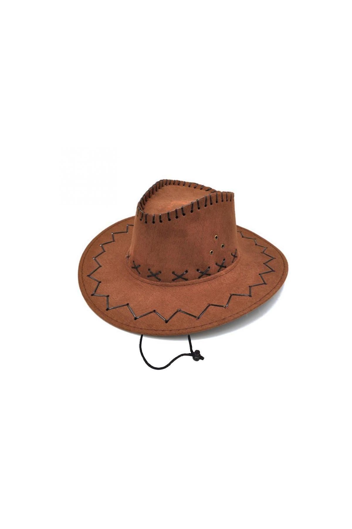 Bağcıklı Yetişkin Boy Nubuk Süet Kovboy Şapkası Kahve Renk