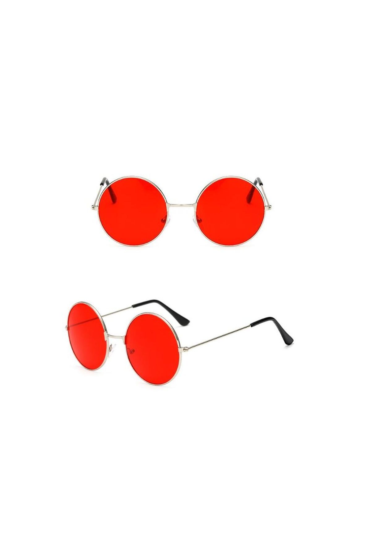 Yuvarlak Cam John Lennon Tarzı Gümüş Çerçeveli Kırmızı Gözlük